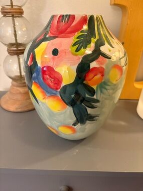 Hand-Painted Floral & Fruit Ceramic Vase - Colorful Abstract Design